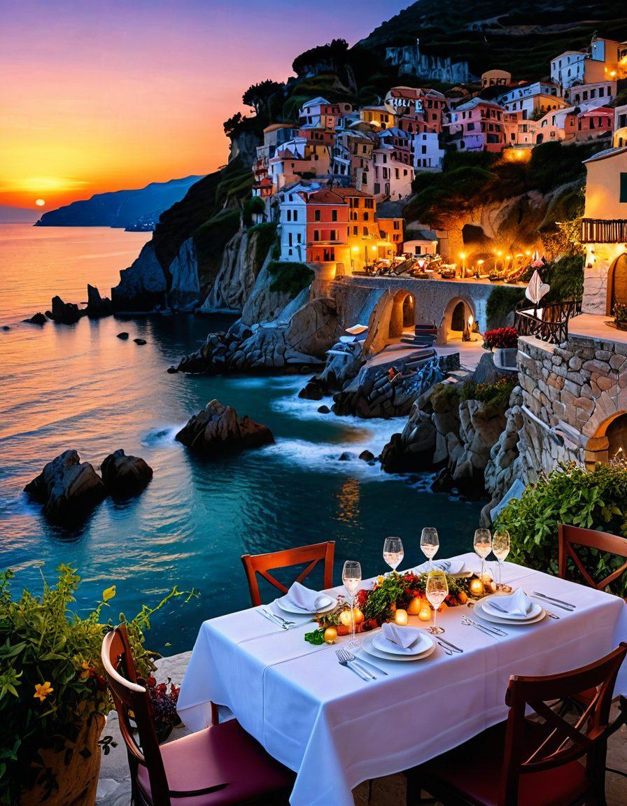 An elegantly set dining table seaside in Italy, featuring a gourmet dish with vibrant colors, fine wine glasses, and fresh herbs. In the background, picturesque coastal cliffs and quaint Italian architecture under a golden sunset. A couple savoring the meal, adorned with a soft, romantic atmosphere. super-realistic. vibrant colors. 3D.