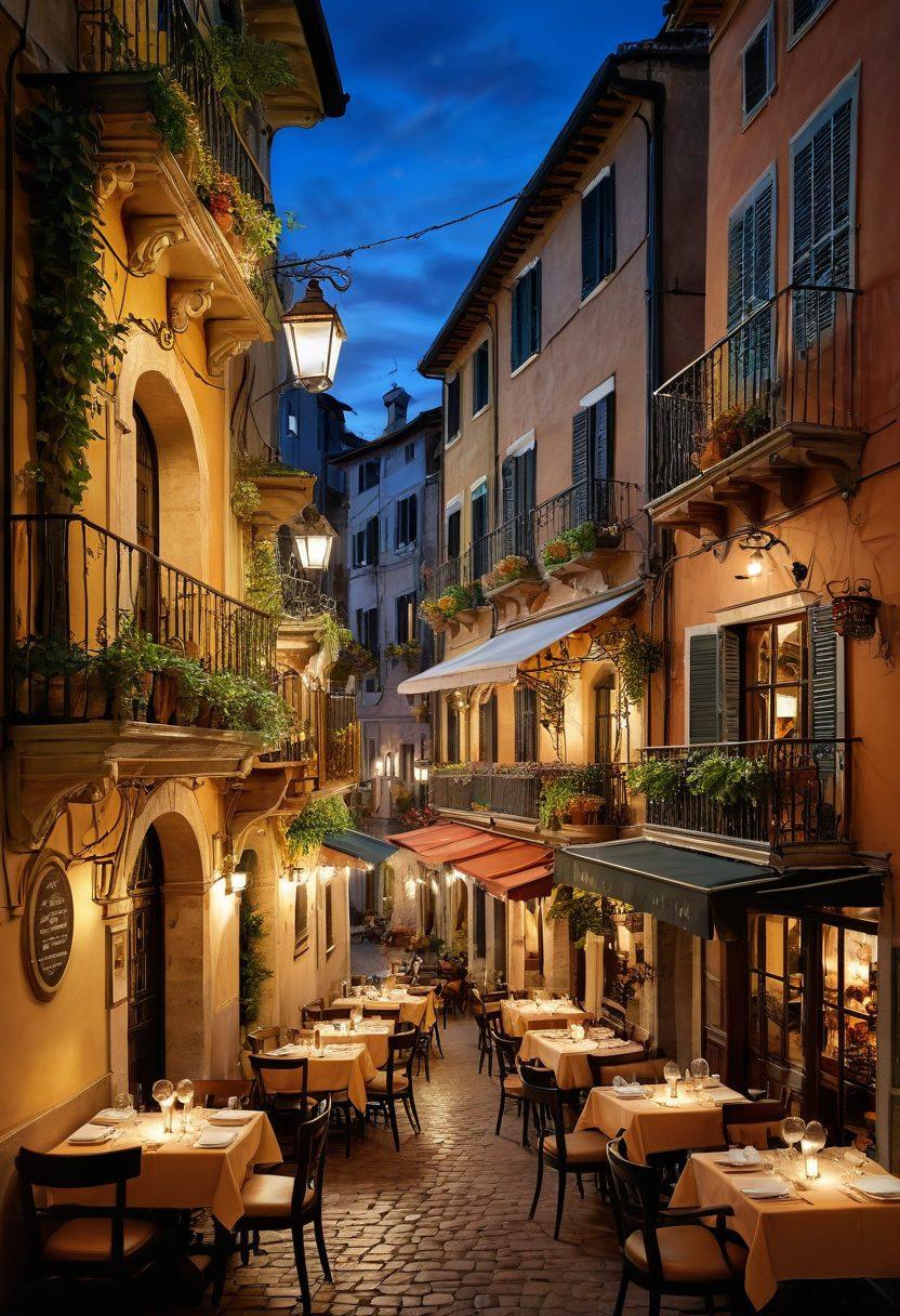 A collage depicting the transformation of Italian dining from charming local eateries, featuring rustic wooden tables and cozy settings, to elegant haute cuisine, showcasing exquisite plated dishes and fine dining ambiance. Include elements like a bustling street with outdoor cafes, a chef preparing intricate meals, and a stylish dining table with wine and artful decor. super-realistic. vibrant colors. warm lighting.