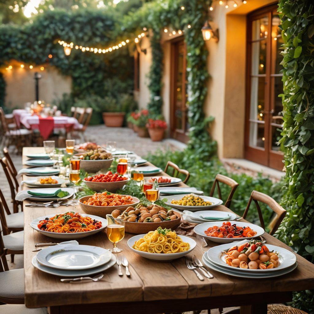 A beautifully arranged outdoor table set for an Italian feast, featuring vibrant dishes like pasta, bruschetta, and cannoli. Surrounding the table are lush greenery and twinkling fairy lights, evoking a warm, inviting atmosphere. A cheerful chef is plating food in the background, showcasing the art of Italian cooking. The scene captures the essence of elegant dining with a rustic touch. super-realistic. vibrant colors. atmospheric lighting.